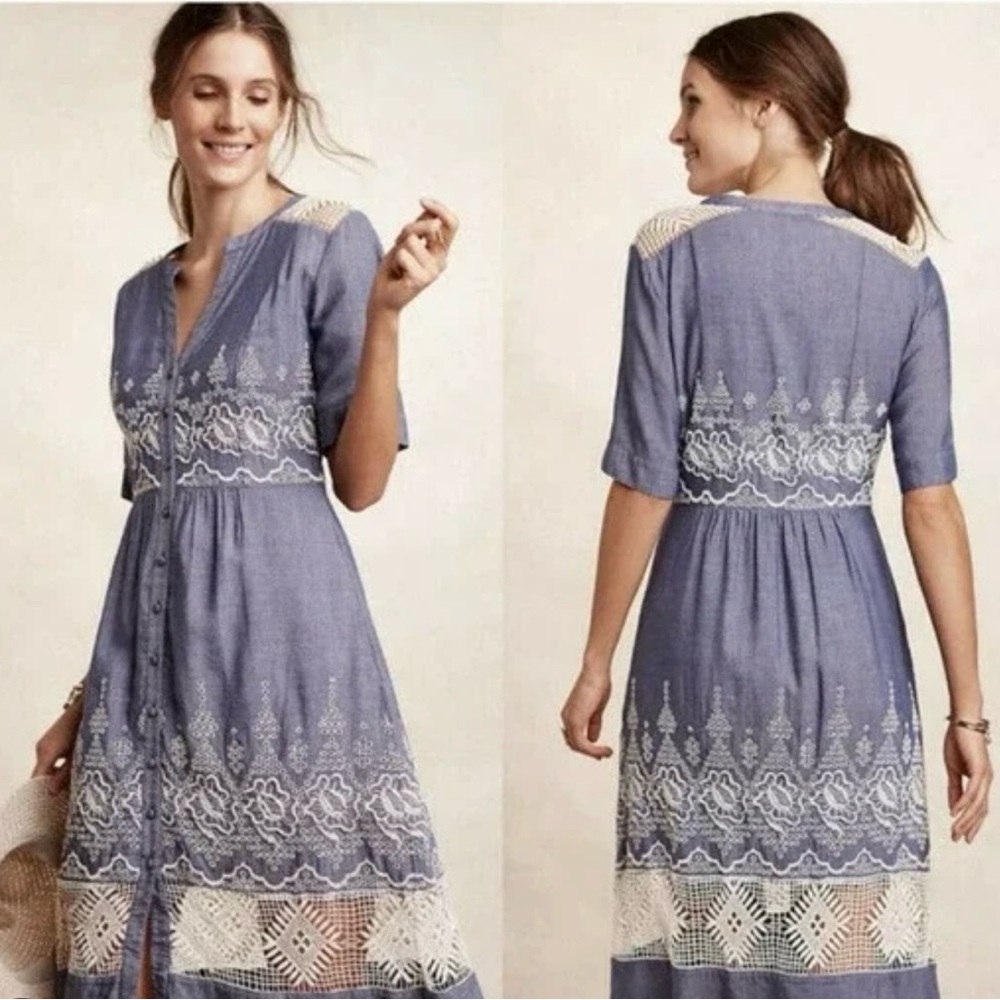 Moulinette Soeurs Boho Cottage Core Embroidery Button Up Dress